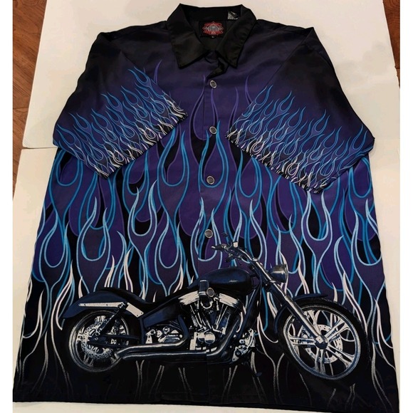Dragonfly Other - Dragonfly Roadhouse Short Sleeve Shirt Mens L Motorcycle Blue Flames Y2K Vintage